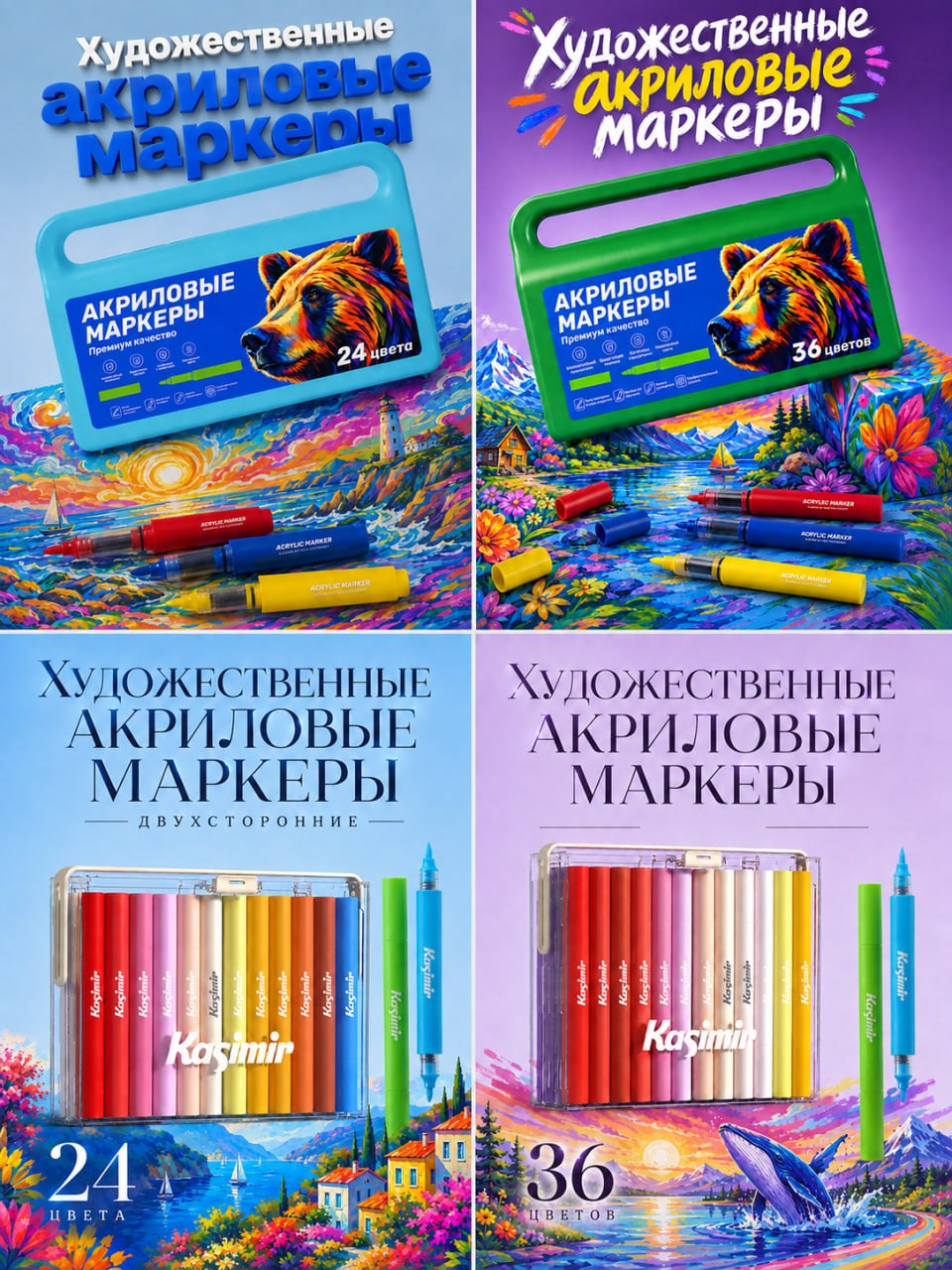 Художественные профессиональные акриловые маркеры двухсторонние с наконечниками: кисть и пулевидный - 36 шт.