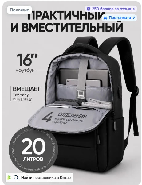 Рюкзак для ноутбука с USB черный