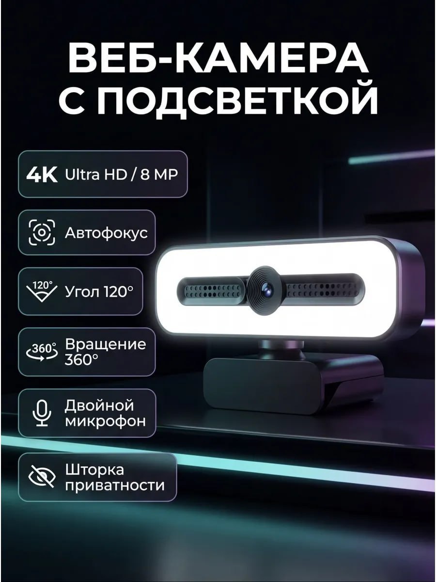Веб-камера 4К с подсветкой и микрофоном